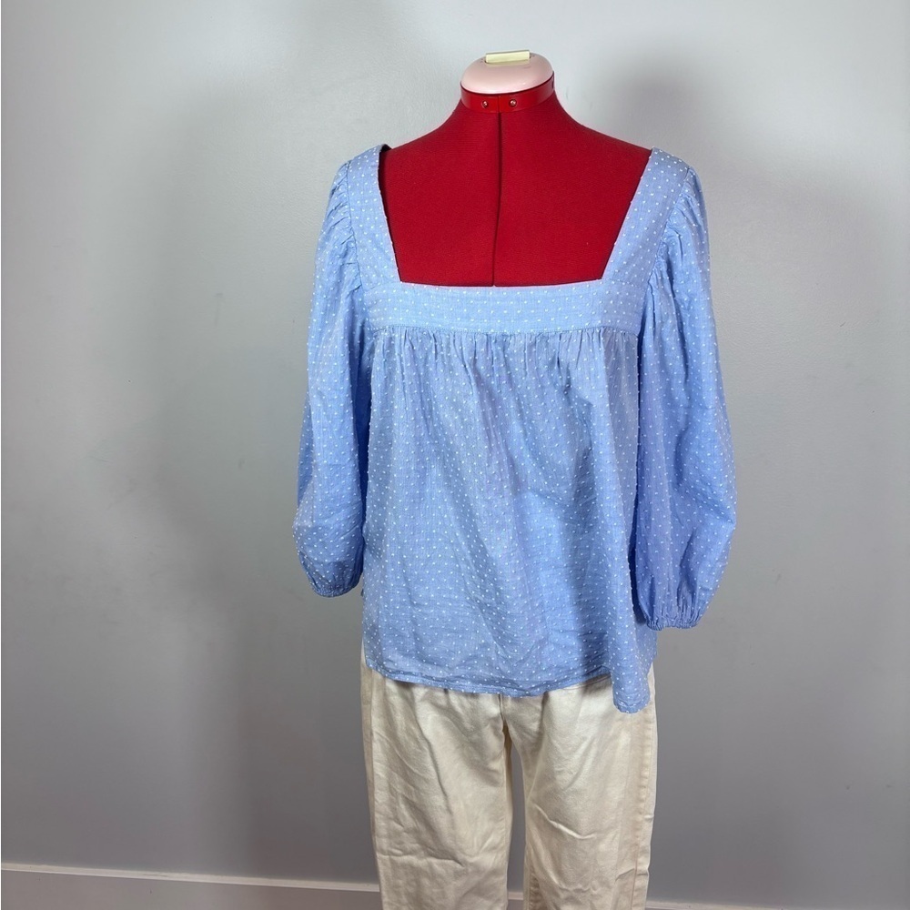 Caslon 3/4 Sleeve Square Neck Chambray Popover Blouse Blue Dot Stripe Size S